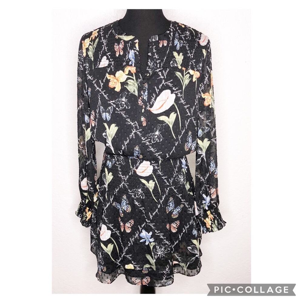 WHBM black floral butterfly Love at First Sight sheer overlay dress size Small
